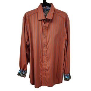 Men's Robert Graham Orange Blue Long Sleeve Flip Cuff Embroidered Classic Fit XL
